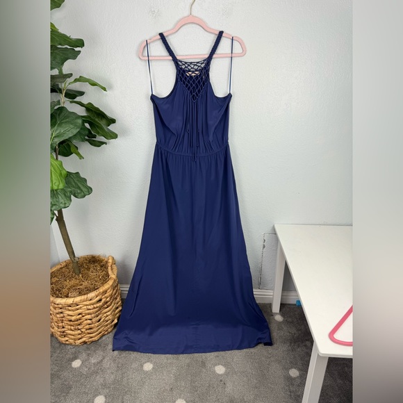 Rebecca Taylor Dark Clay Blue Purple Crochet Knit Halter Neck Maxi Silk Dress - Picture 3 of 6